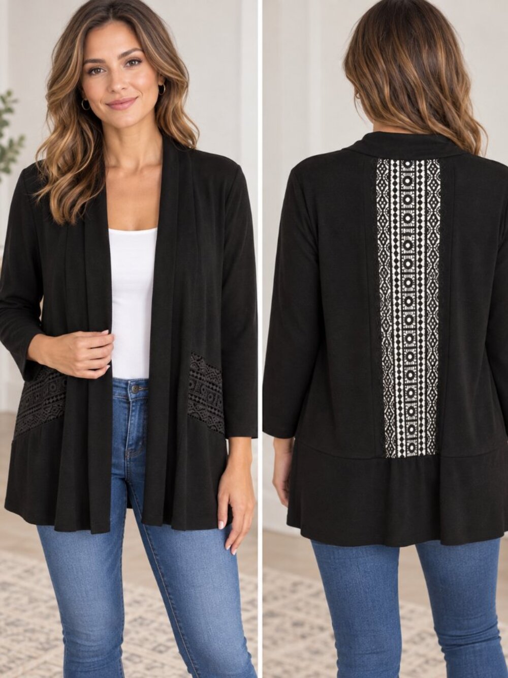 Chico's Travelers Size S Black Open Front Cardigan Crochet Lace Inset 3/4 Sleeve